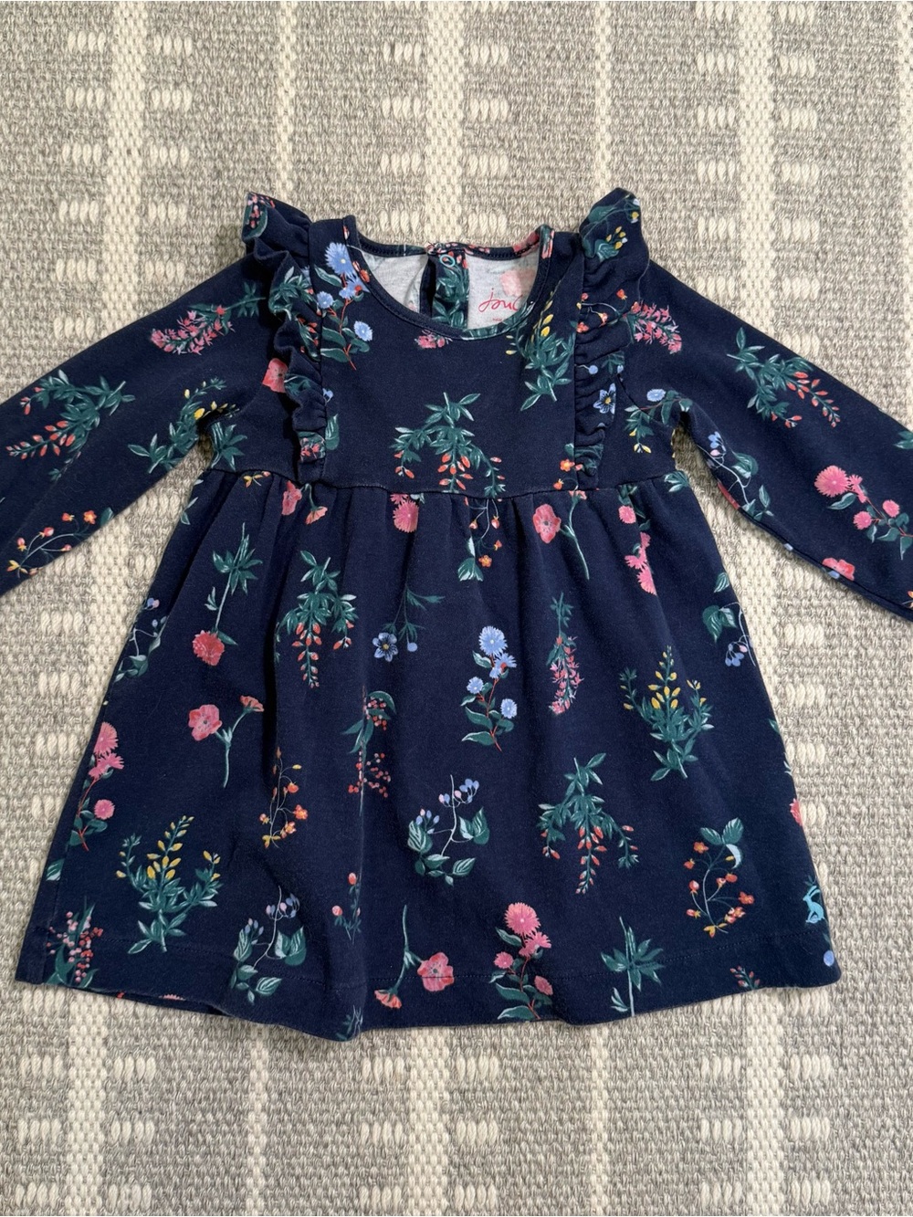 Joules 18-24 mo Girls Navy Blue Botanical Floral Dress Ruffle Shoulder